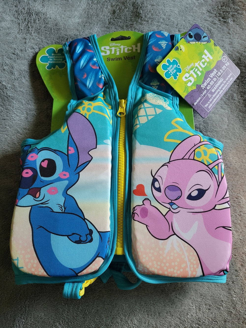 Disney Kids Swim Vest Teal Blue Pink with Yellow Zipper - Stitch